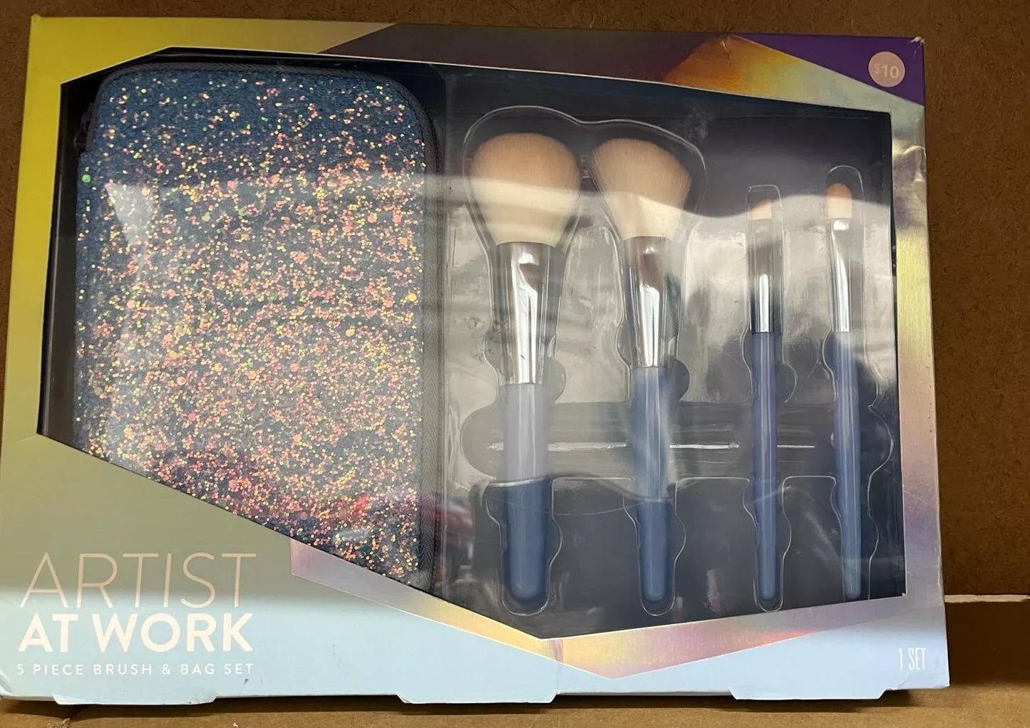 Artist At Work 5 Piece Brush And Bag Set Great For Home Or Travel Blue Glitter
