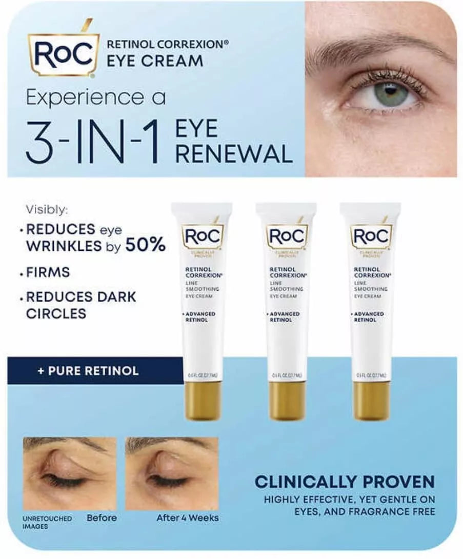 Roc Retinol Correxion Eye Cream 3 In 1 Eye Renewal Wrinkle Reducing 3 Pack