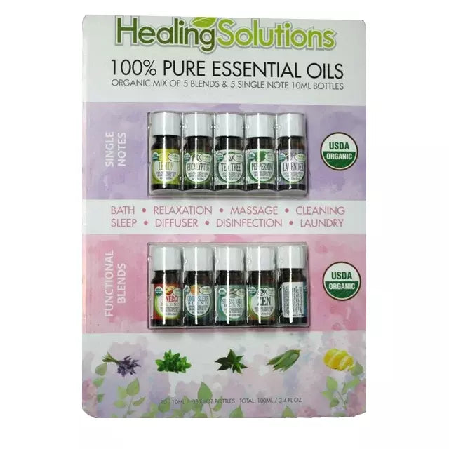 Healing Solutions 100% Pure Essential Oils 5 Blends & 5 Single Note 0.33 Oz Each